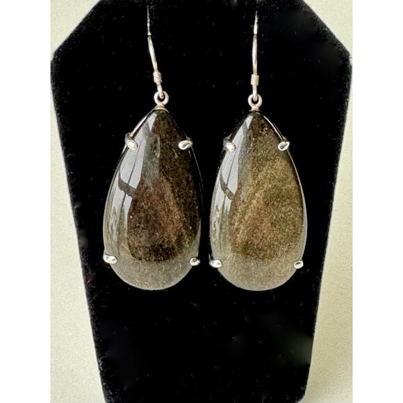 Golden Obsidian Tear Drop Earrings Prong Set Sterling 925 Silver Earrings - Picture 2 of 6